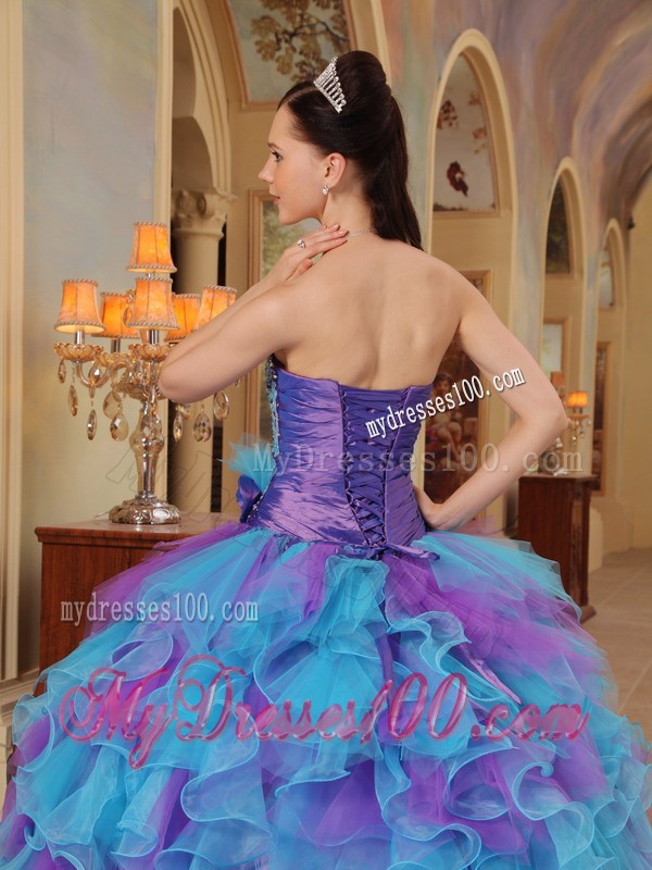 Purple and Aqua Blue Sweetheart Ruffles Quinceanera Gown