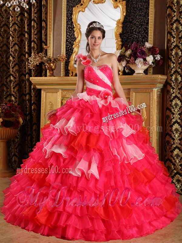 Beaded Red Ball Gown One Flowery Shoulder Quince Dress with Organza Ruffles