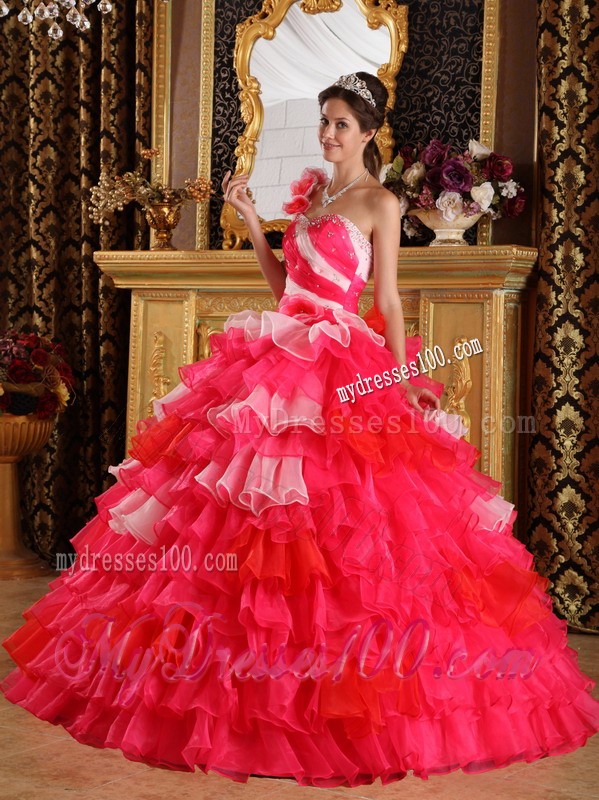 Beaded Red Ball Gown One Flowery Shoulder Quince Dress with Organza Ruffles