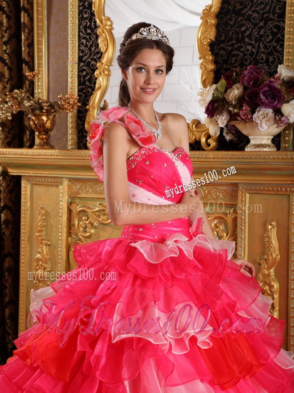Beaded Red Ball Gown One Flowery Shoulder Quince Dress with Organza Ruffles