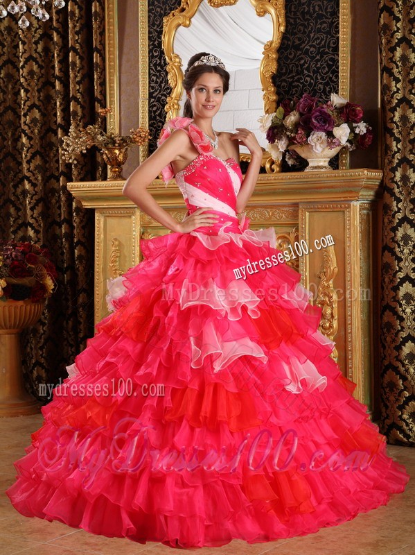 Beaded Red Ball Gown One Flowery Shoulder Quince Dress with Organza Ruffles