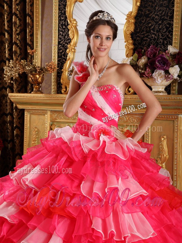 Beaded Red Ball Gown One Flowery Shoulder Quince Dress with Organza Ruffles