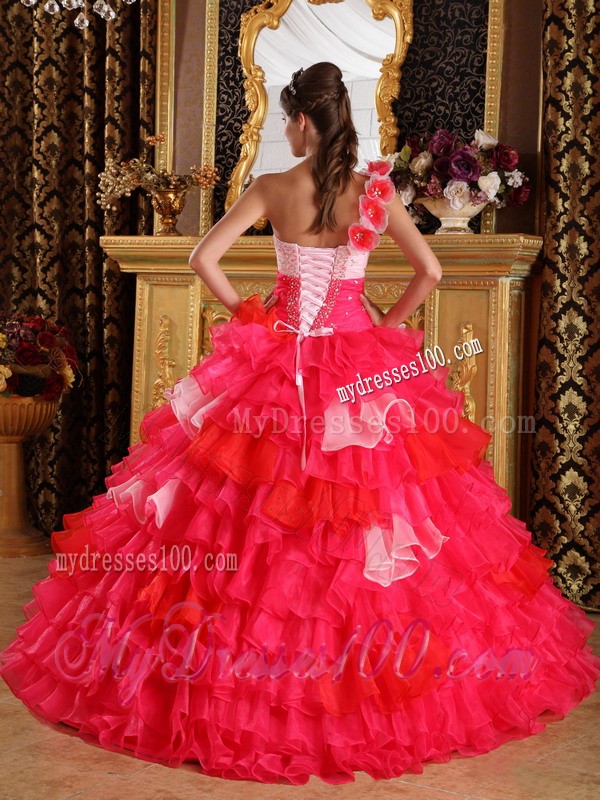 Beaded Red Ball Gown One Flowery Shoulder Quince Dress with Organza Ruffles