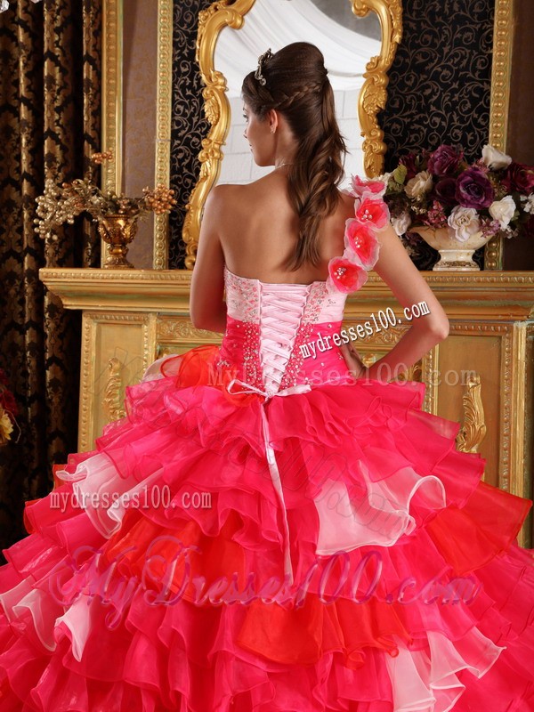 Beaded Red Ball Gown One Flowery Shoulder Quince Dress with Organza Ruffles