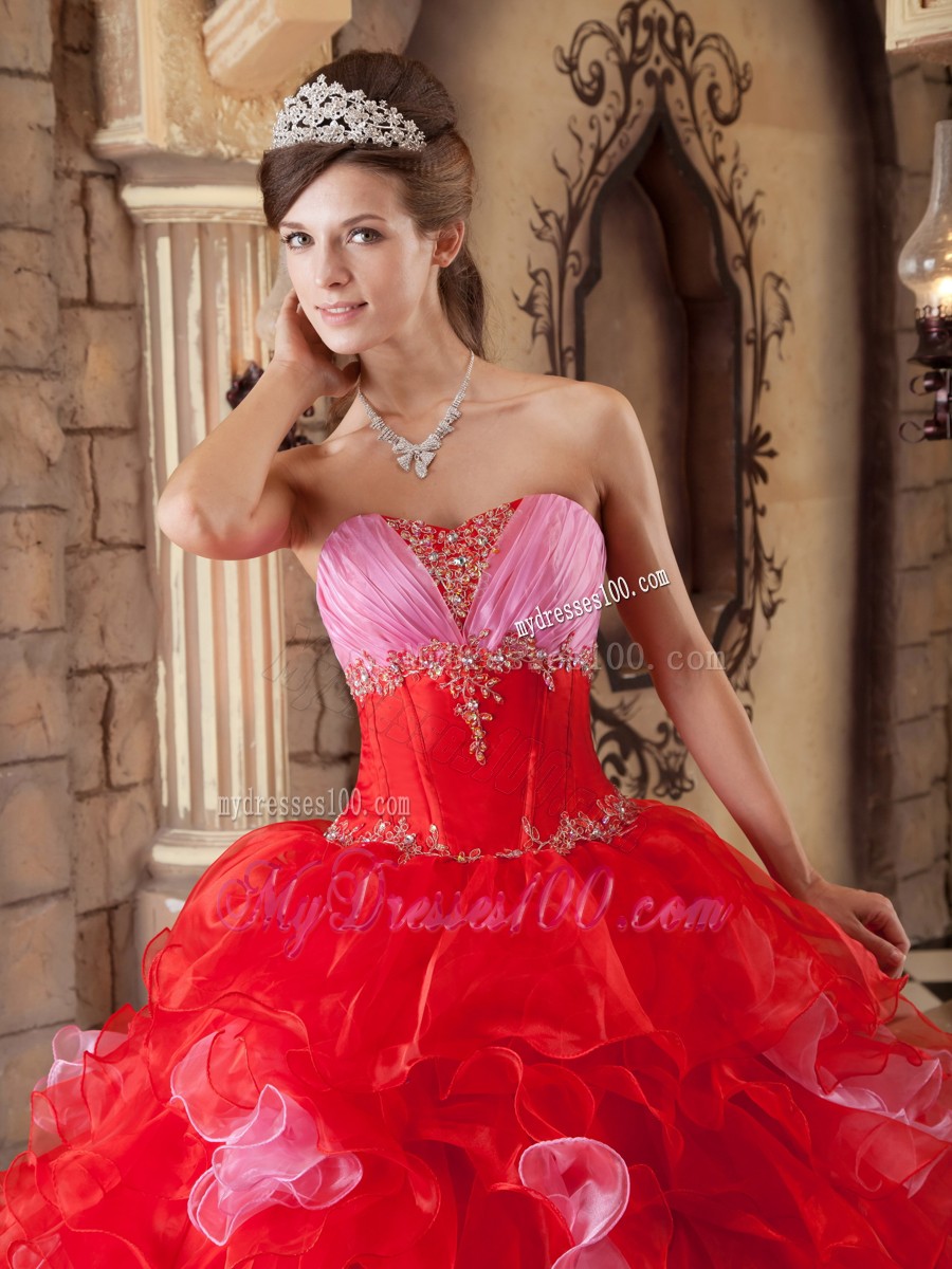 Red Organza Strapless Floor-length Beading and Ruffles Sweet 15 Dresses