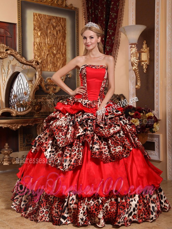 Red Strapless Floor-length Taffeta and Leopard Pick-ups Quinceanera Gown