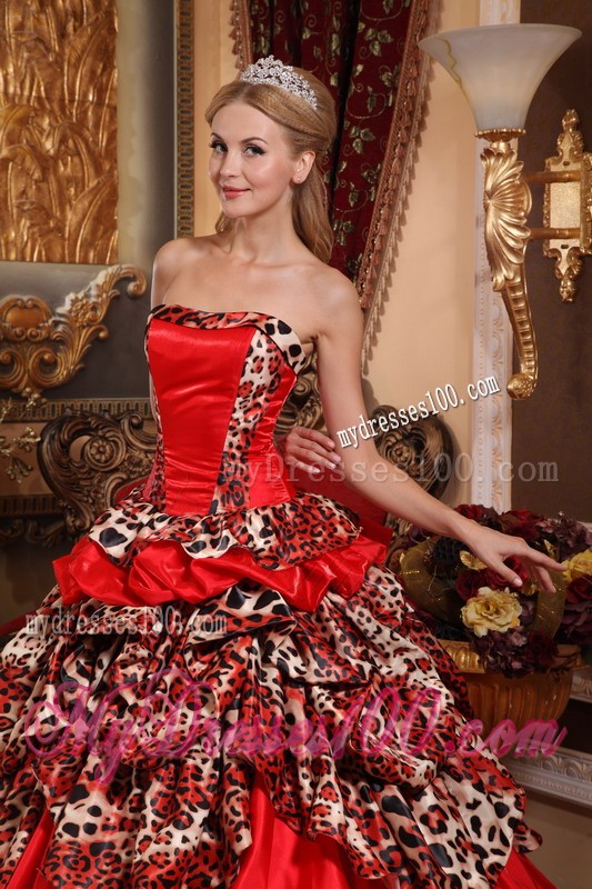Red Strapless Floor-length Taffeta and Leopard Pick-ups Quinceanera Gown