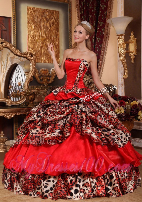 Red Strapless Floor-length Taffeta and Leopard Pick-ups Quinceanera Gown