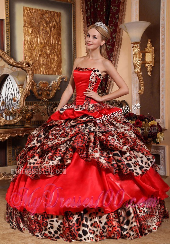 Red Strapless Floor-length Taffeta and Leopard Pick-ups Quinceanera Gown