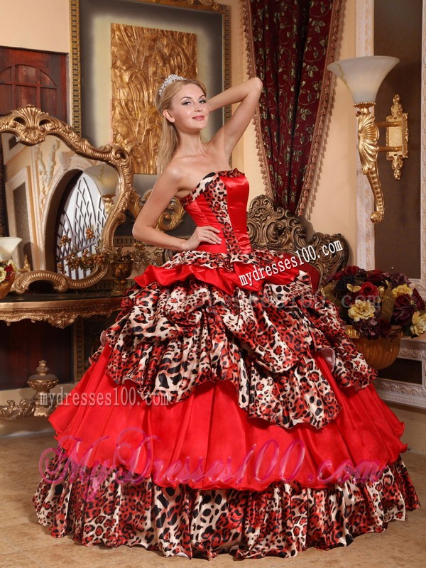Red Strapless Floor-length Taffeta and Leopard Pick-ups Quinceanera Gown