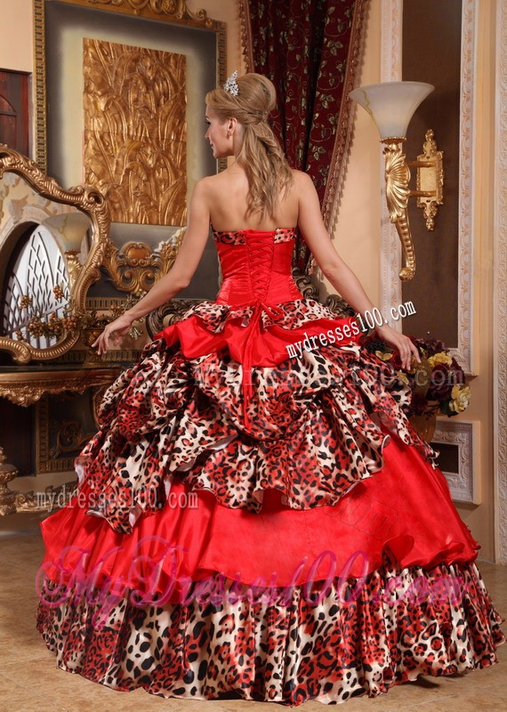 Red Strapless Floor-length Taffeta and Leopard Pick-ups Quinceanera Gown