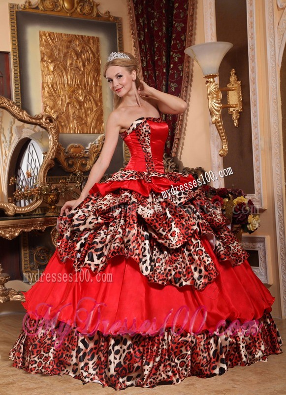 Red Strapless Floor-length Taffeta and Leopard Pick-ups Quinceanera Gown