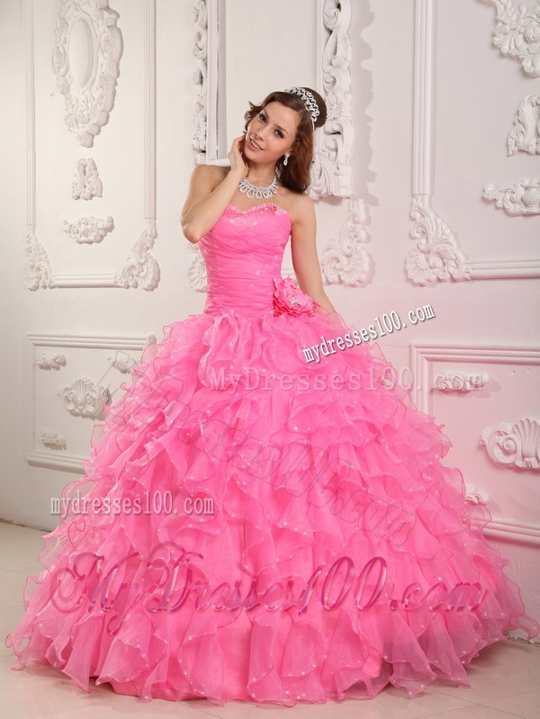 Romantic Rose Pink Sweetheart Flowery Beading Quinceanera Gown Dresses