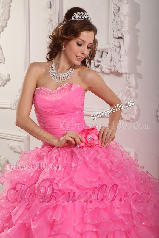 Romantic Rose Pink Sweetheart Flowery Beading Quinceanera Gown Dresses
