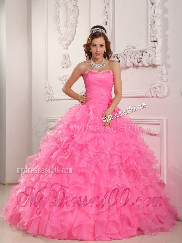 Romantic Rose Pink Sweetheart Flowery Beading Quinceanera Gown Dresses