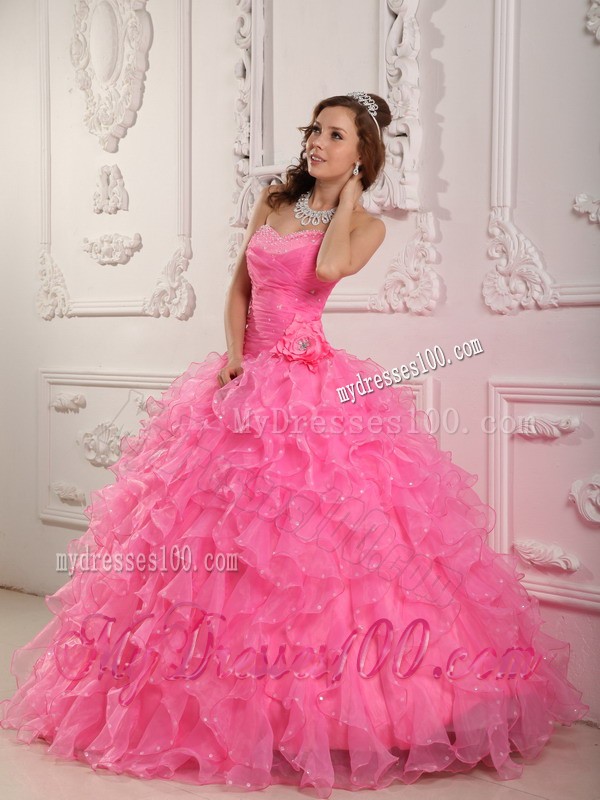 Romantic Rose Pink Sweetheart Flowery Beading Quinceanera Gown Dresses