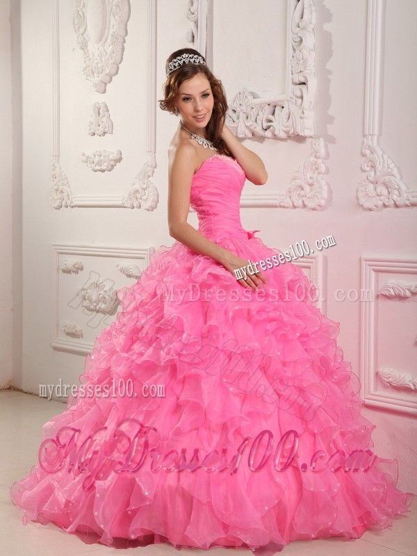 Romantic Rose Pink Sweetheart Flowery Beading Quinceanera Gown Dresses
