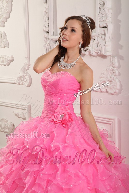 Romantic Rose Pink Sweetheart Flowery Beading Quinceanera Gown Dresses