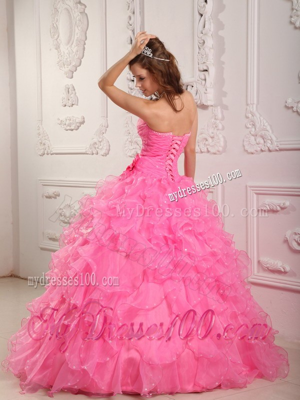Romantic Rose Pink Sweetheart Flowery Beading Quinceanera Gown Dresses