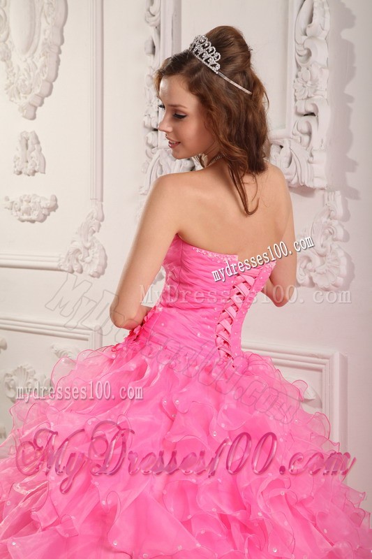 Romantic Rose Pink Sweetheart Flowery Beading Quinceanera Gown Dresses