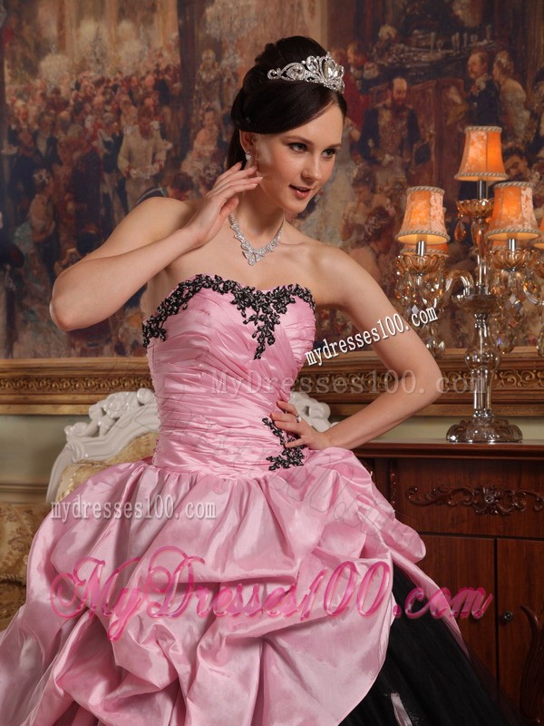 Pink and Black Sweetheart Quinceanera Dress with Hand Flowers