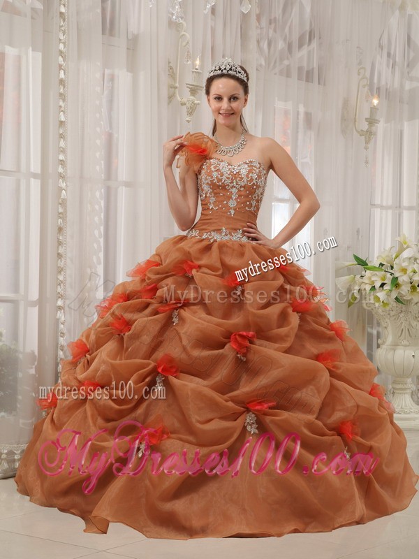 Flowery One-shoulder Rust Red Organza Pick-ups Appliques Sweet 15 Dresses
