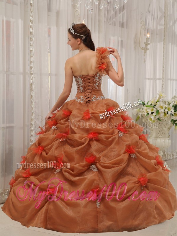 Flowery One-shoulder Rust Red Organza Pick-ups Appliques Sweet 15 Dresses