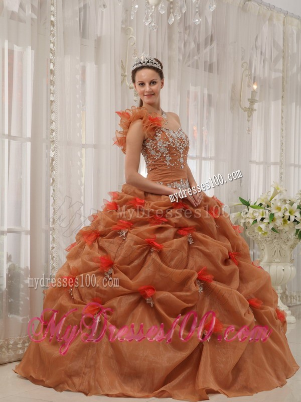 Flowery One-shoulder Rust Red Organza Pick-ups Appliques Sweet 15 Dresses