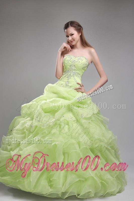 Spring Green Strapless Beaded Quinceanera Dress with Pick-ups