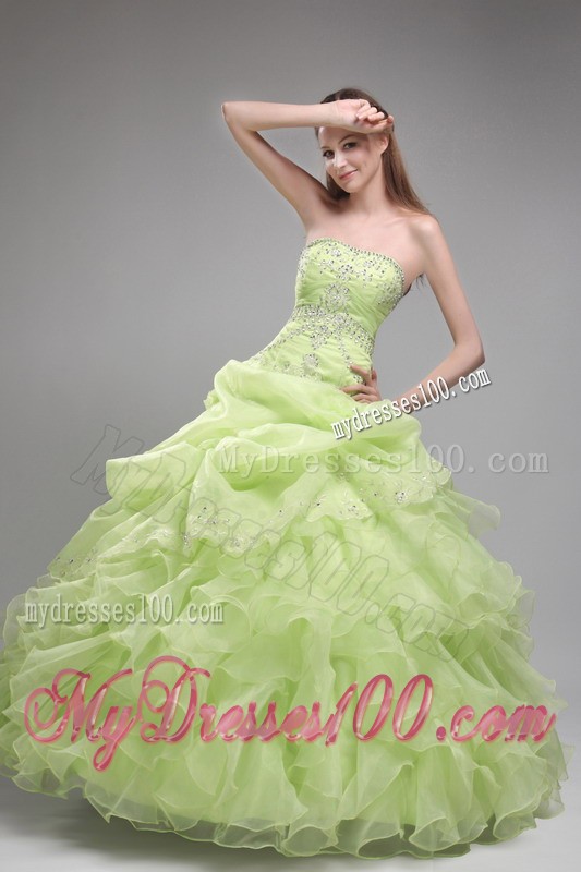 Spring Green Strapless Beaded Quinceanera Dress with Pick-ups