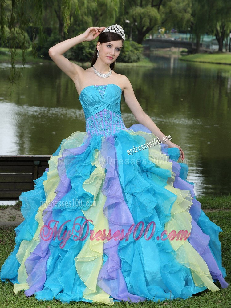 Colorful Dresses for Quince with Appliques and Ruffled Layers