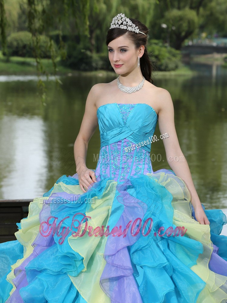 Colorful Dresses for Quince with Appliques and Ruffled Layers