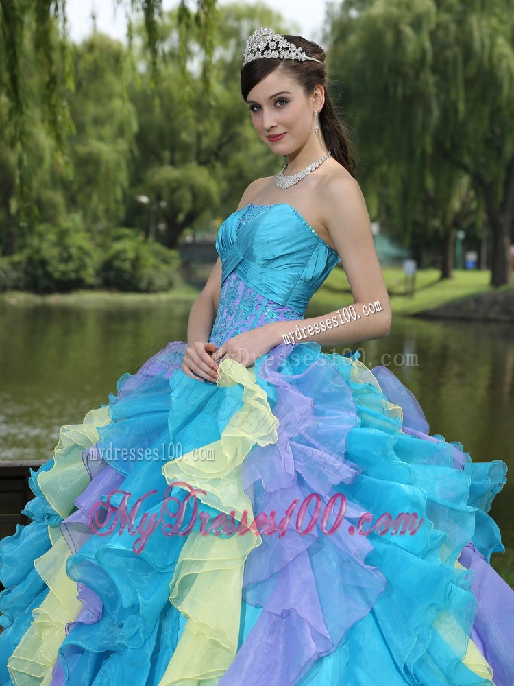 Colorful Dresses for Quince with Appliques and Ruffled Layers