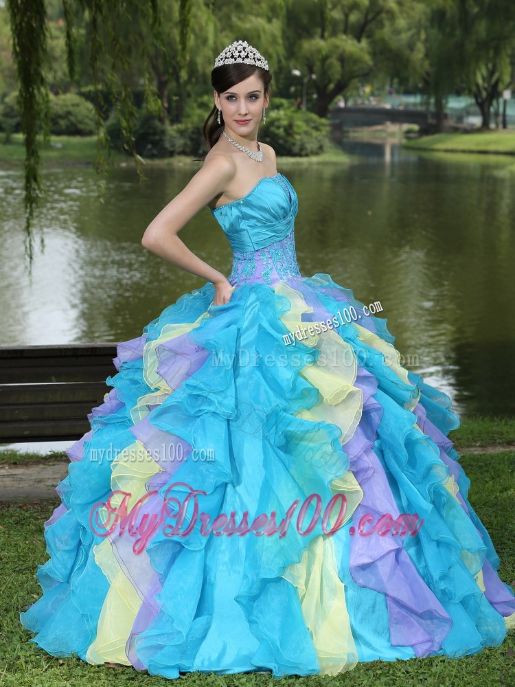 Colorful Dresses for Quince with Appliques and Ruffled Layers