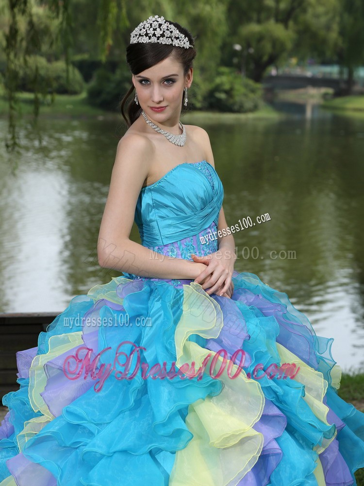 Colorful Dresses for Quince with Appliques and Ruffled Layers