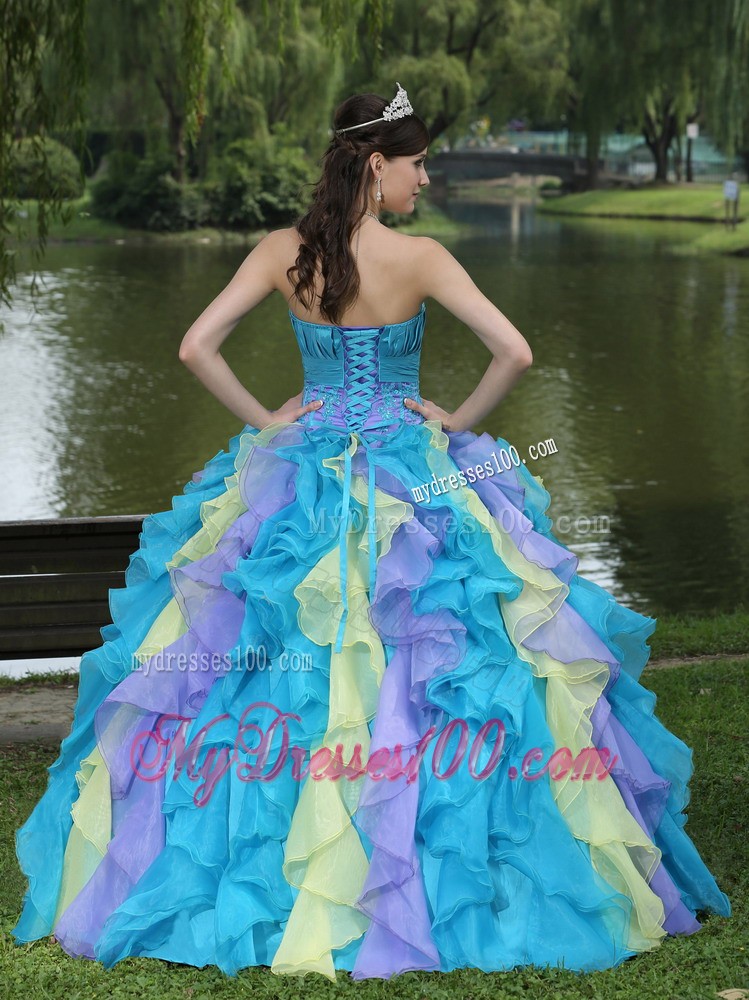 Colorful Dresses for Quince with Appliques and Ruffled Layers