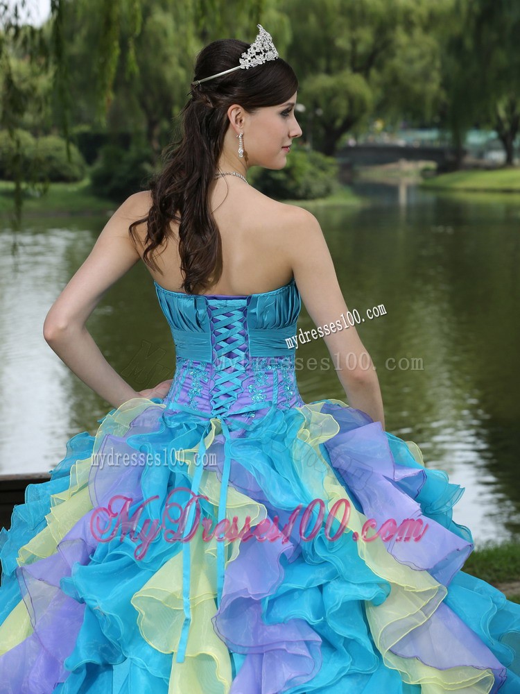 Colorful Dresses for Quince with Appliques and Ruffled Layers