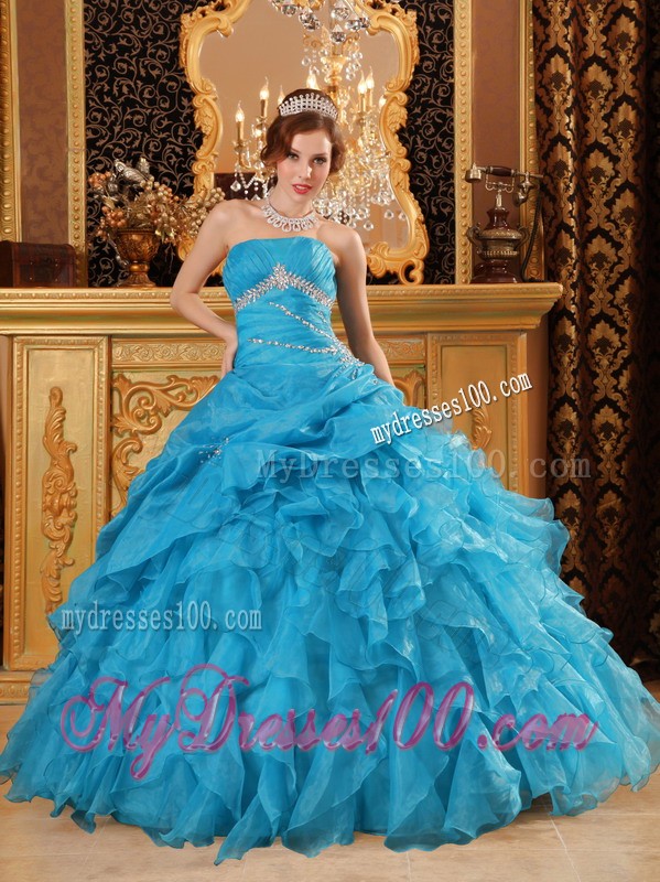 Beaded Strapless Teal Floor-length Organza Ruffles Sweet Sixteen Dresses