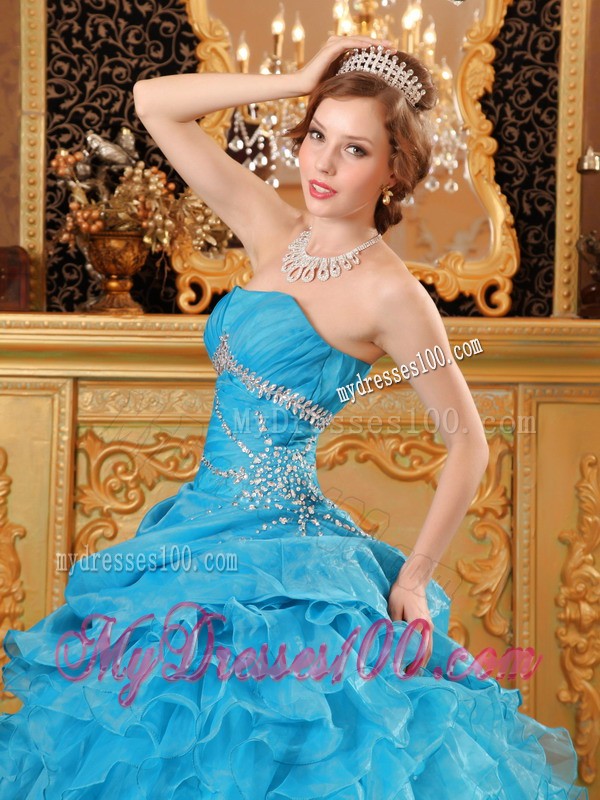 Beaded Strapless Teal Floor-length Organza Ruffles Sweet Sixteen Dresses