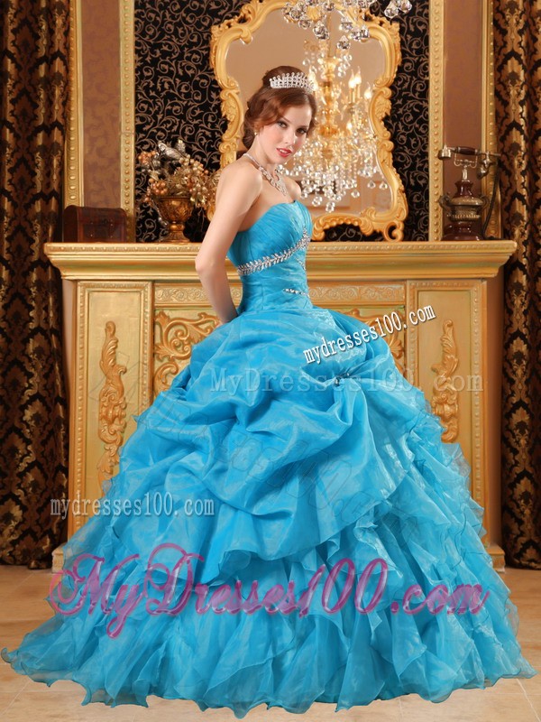 Beaded Strapless Teal Floor-length Organza Ruffles Sweet Sixteen Dresses