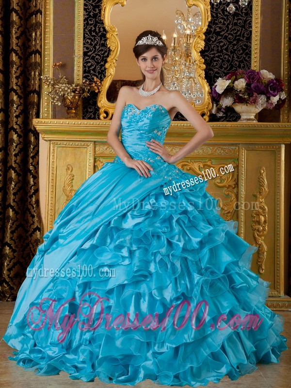 Impressive Sweetheart Teal Ruffled Appliques Sweet 15 Dresses Floor-length