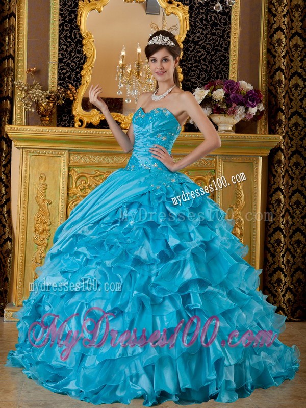 Impressive Sweetheart Teal Ruffled Appliques Sweet 15 Dresses Floor-length