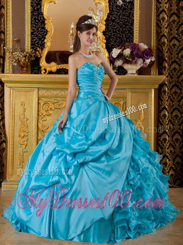 Impressive Sweetheart Teal Ruffled Appliques Sweet 15 Dresses Floor-length