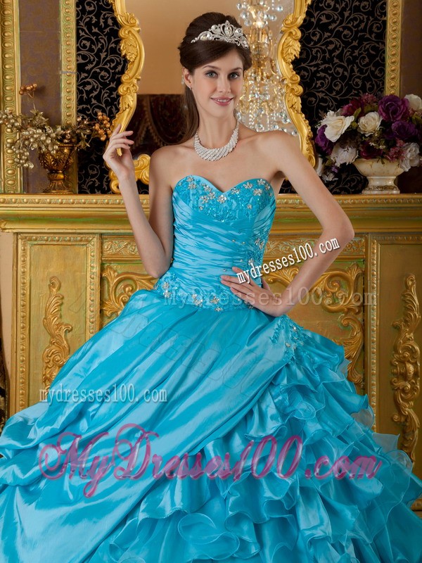 Impressive Sweetheart Teal Ruffled Appliques Sweet 15 Dresses Floor-length