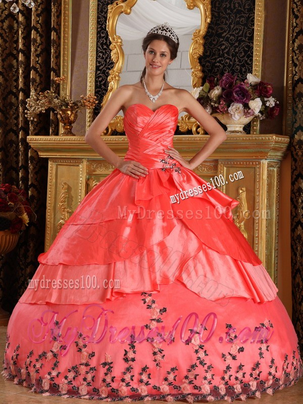 Ruched Watermelon Red Sweetheart Taffeta Appliqued Hem Quinceanera Dress