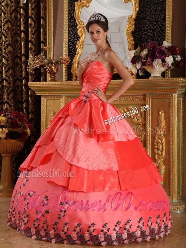Ruched Watermelon Red Sweetheart Taffeta Appliqued Hem Quinceanera Dress