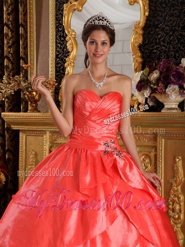 Ruched Watermelon Red Sweetheart Taffeta Appliqued Hem Quinceanera Dress
