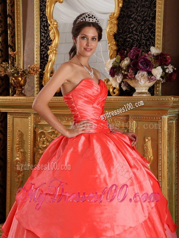 Ruched Watermelon Red Sweetheart Taffeta Appliqued Hem Quinceanera Dress