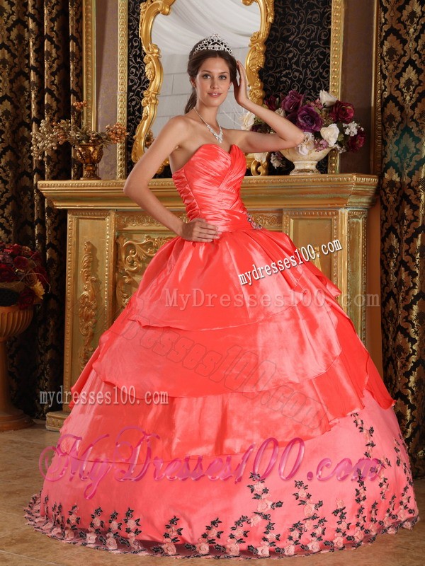 Ruched Watermelon Red Sweetheart Taffeta Appliqued Hem Quinceanera Dress