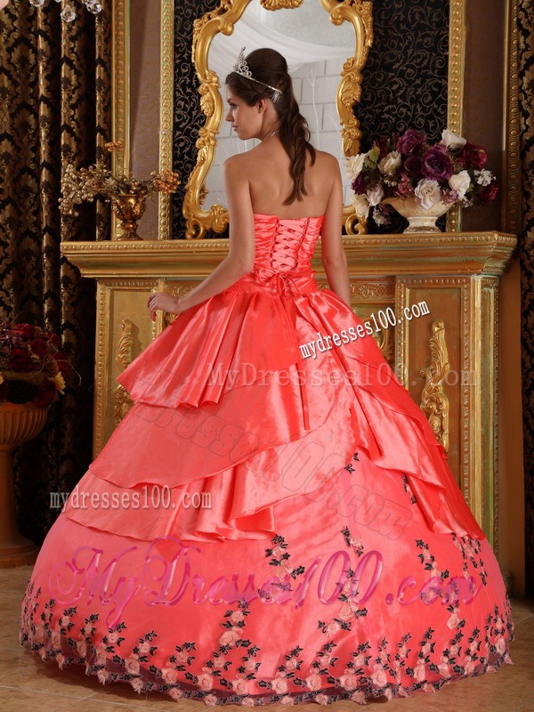 Ruched Watermelon Red Sweetheart Taffeta Appliqued Hem Quinceanera Dress